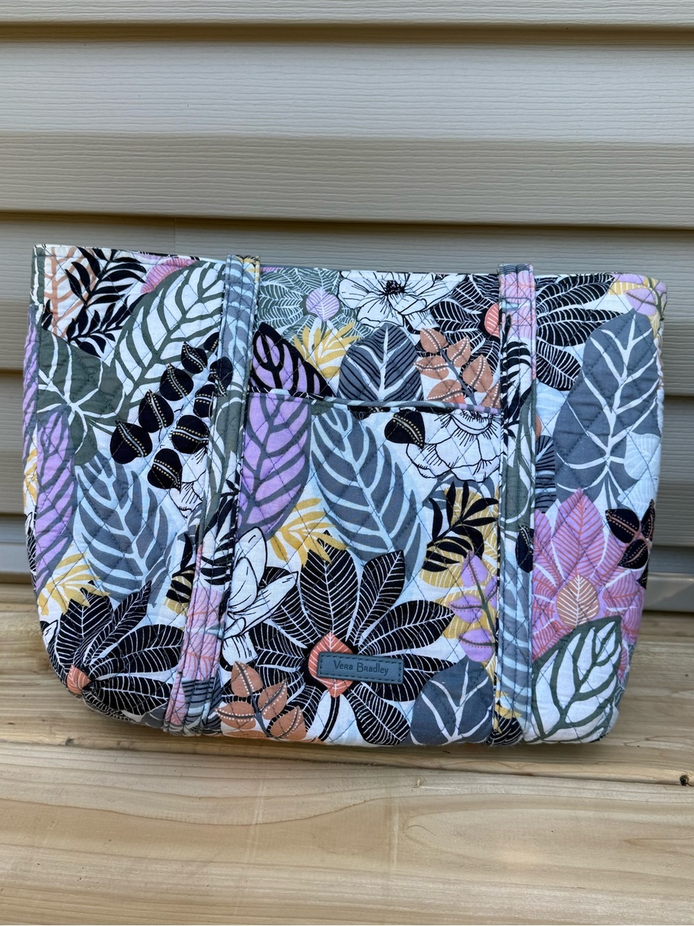Vera Bradley Quilted Floral Tote in Gray, Pink, Yellow & Black